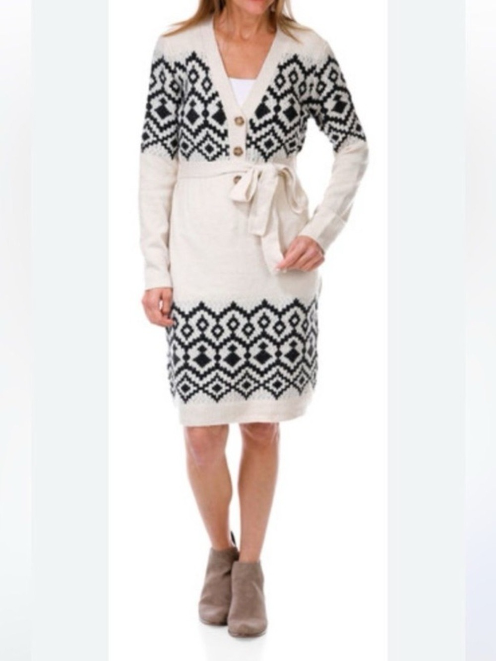 Lucky Brand Cream and Black Fair Isle Midi Sweater Dress Large NWT - Picture 2 of 9